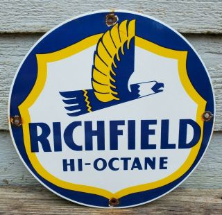 Vintage Richfield Gasoline Porcelain Gas Service Station Pump Plate Ad Sign