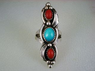 Old Ella Lynch Navajo Sterling Silver & Stacked Turquoise Red Coral Ring Sz 7.  5