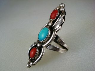 OLD Ella Lynch NAVAJO STERLING SILVER & STACKED TURQUOISE RED CORAL RING sz 7.  5 2