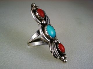 OLD Ella Lynch NAVAJO STERLING SILVER & STACKED TURQUOISE RED CORAL RING sz 7.  5 3