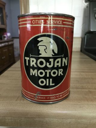 Vintage Oil Can Cities Service Trojan Motor Oil Full 1 Qt.  Can