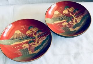 2 Antique Japanese Hand Painted Laquerware Rice Bowls Mt.  Fuji