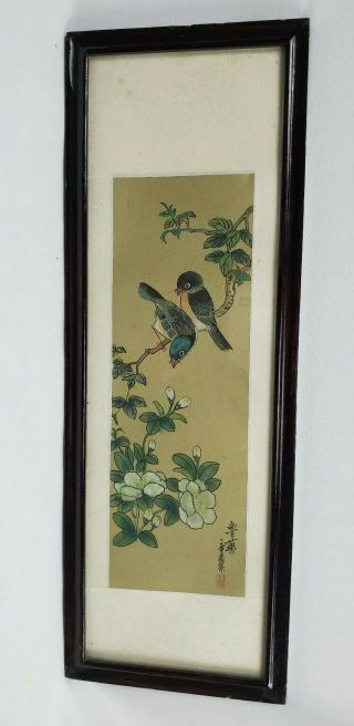 Vintage Japanese Painting On Silk? Signed,  Two Birds On A Branch,  Flowers