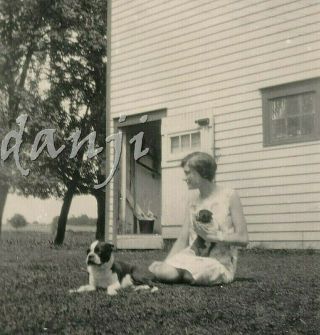 Girl Sitting On The Lawn By Boston Terrier Dog With Puppy In Her Arm Old Photo