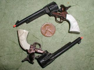 Pair Marx Mini Toy Cap Gun Revolver Long Barrel Vintage 3.  5 " Six Shooter A