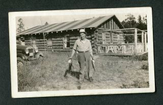 Vintage 1930s Photo Man W/ Fish Log Cabin Fishing Camp Model A Ford Car 429092
