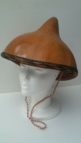Vtg.  Tubengaw Hat Philippines Hand Crafted Gourd W/woven Decorative Caning & Chi