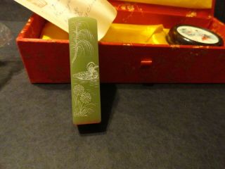 Vintage Asian Chinese Stone Seal Ink Stamp Set W/writing & Box Red Paste Pot Pad