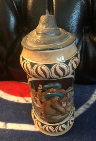 Vintage Ceramic German Beer Stein With Lead Lid Stamped 1449 Collectible
