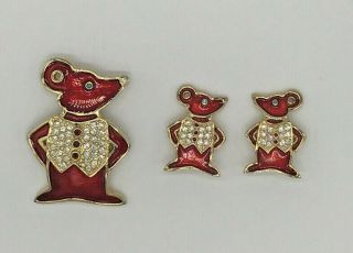 Vintage Butler & Wilson Red Enamel Mouse Clip On Earrings And Brooch - Boxed