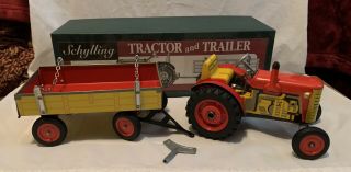 Schylling Tractor And Trailer Key Wind Tin Toy In The Box
