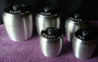 Vintage Kromex Aluminum Canister Set: Flour Sugar,  Coffee Tea Grease W/ Strain