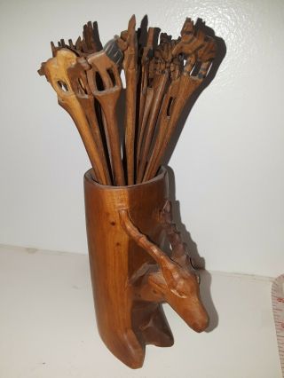 Wooden Carved African Animal Toothpicks In Carved Wooden Antelope Cup