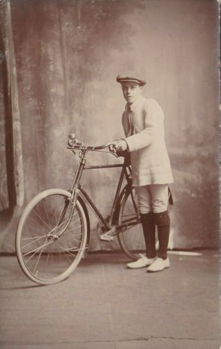 Old Photo Young Man Flat Cap Sport Boy Fashion Cycling Bike Th757