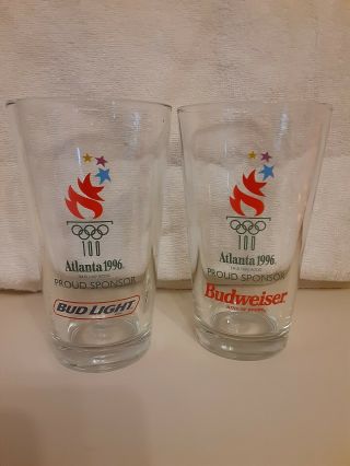 Set Of 2 Vintage Budweiser & Bud Light 1996 Atlanta Olympic Beer Pint Glasses