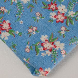 Vtg Feedsack Fabric Red Floral Flowers Print On Blue Background Green White
