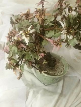 Vintage Chinese Jade Bonsai Glass Flowers Tree in Ceramic Pot 2