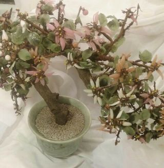 Vintage Chinese Jade Bonsai Glass Flowers Tree in Ceramic Pot 3