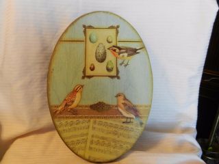 3 Songbirds With Feeder & Sheet Music Print Mounted On Wood Oval Shape