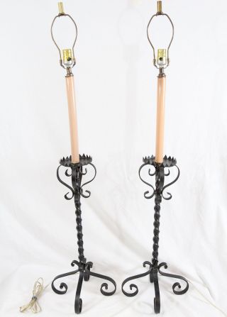 Twisted Metal Wrought Iron Candlestick Table Lamps Pair Vintage Black Gothic