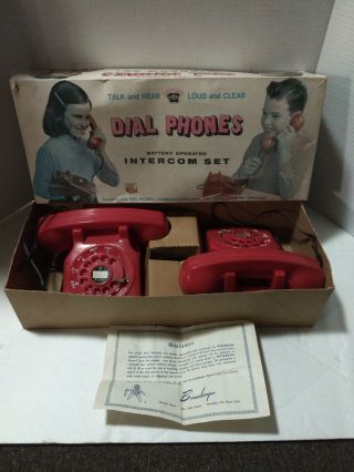 Vintage Toy Brumberger N.  Y Rotary Dial Phone Set Battery Red Phones Intercom Set