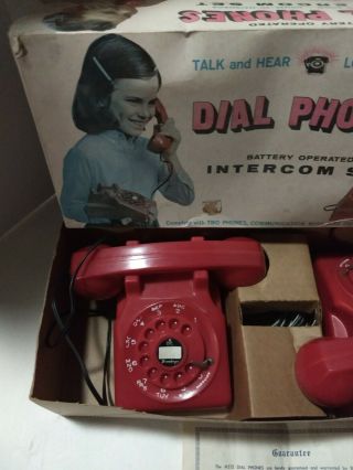 VINTAGE TOY BRUMBERGER N.  Y ROTARY DIAL PHONE SET BATTERY RED PHONES INTERCOM SET 3