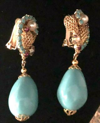 Hobe Huge Turquoise Blue Drop Vintage Dangle Earrings Rhinestones Faux Pearl