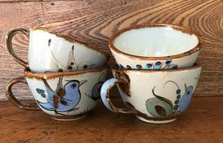 Ken Edwards Tonala Mexico Hand Painted Tea Cups Mugs Set Pottery Blue Green Bird