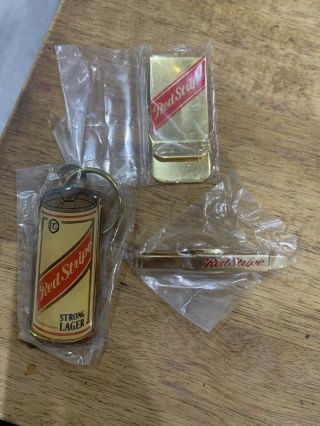 Red Stripe Key Ring,  Tie Clip And Money Clip Set