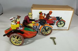 Parade Motorcycle & Sidecar Orange Wind - Up Tin Toy Collectable Box,  Key