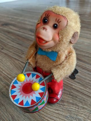 Vintage Japan Tin Litho Wind Up Musical Toy Monkey Drum Clockwork Early 1950s