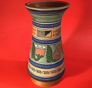 Mexican Pottery Vase Hand Crafted And Painted 9 " Latin American Designs Vintage