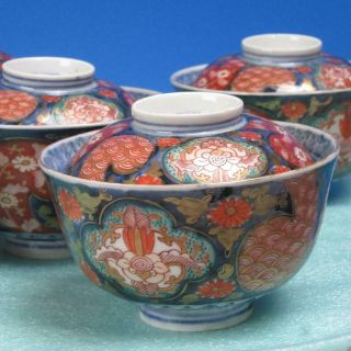 Japanese Imari Porcelain - 5 Covered Rice Bowls With Lids Floral Design - Signed