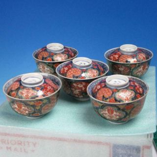 Japanese Imari Porcelain - 5 Covered Rice Bowls with Lids Floral Design - Signed 2