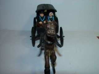 Vintage Cast Iron Amish Horse And Buggy Wagon W Family 3 Piece - Hand Painted
