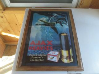 Vintage Oak Framed Old Ammo Advertising " Ajax Heavies " Print - 20 3/4 " By 15 " -