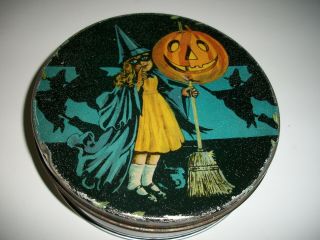 Old Vintage Old Reliable Coffee And Tea Halloween Tin,  Girl Witch,  Jol Pumpkin