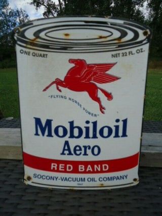 Old Vintage 1947 Mobiloil Aero Motor Oil Can Porcelain Gas Pump Station Sign
