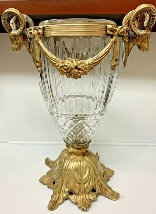 Vintage Ornate Baccarat Style Cut Crystal Bronze Double Ram Head Vase Unmarked