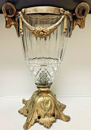 Vintage Ornate Baccarat Style Cut Crystal Bronze Double Ram Head Vase Unmarked 2