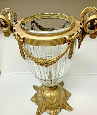 Vintage Ornate Baccarat Style Cut Crystal Bronze Double Ram Head Vase Unmarked 3