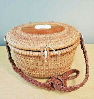 Vintage Nantucket Basket Purse With Scallop Shell Leather Strap