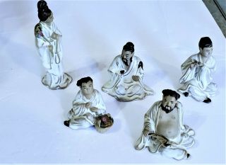 Set Of 5vintage Small Chinese Shiwan Mudmen/woman Figurines