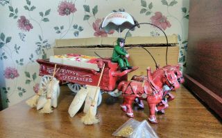 Vintage Cast Iron 2 Horse Drawn Fruit And Vegetables Wagon 15 " Clydesdales