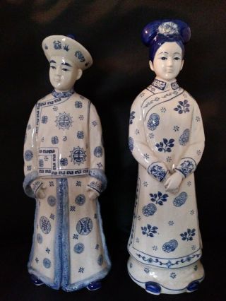 Vintage Oriental Man & Woman 15 " Tall Porcelain / Ceramic Statues Mid Century
