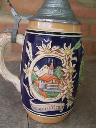 Early Large German Beer Stein/tankard With Lid