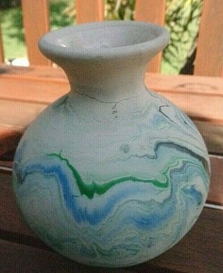 Vintage Nemadji Pottery Usa Aqua/blue Swirls Small Vase