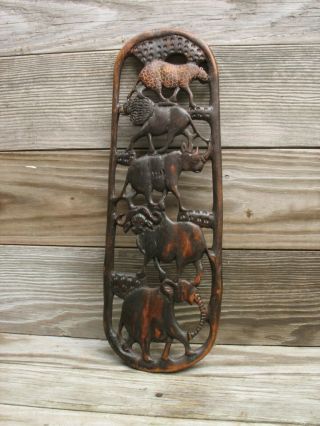 Vintage 18 " X 6 " Hand Carved Wooden African Wall Art Featuring Animals Of Africa