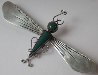 Vintage Mexican Sterling Silver Green Onyx Dragonfly Brooch
