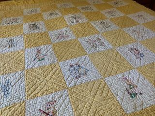 Vtg 40s/50s Hand Stitched Embroidered Yellow Patchwork Cotton Quilt 84” X 69”